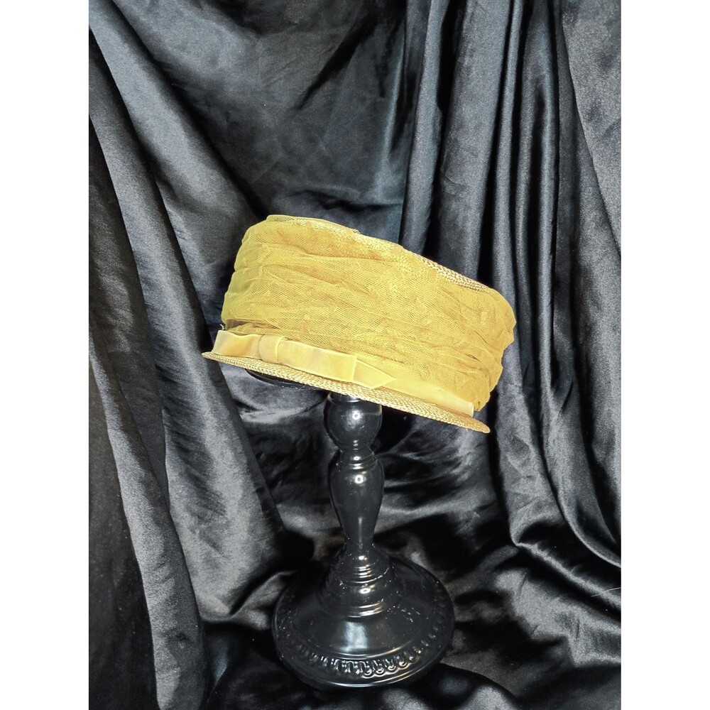 Vintage Straw Pillbox Hat with Brownish Gold Ribbon